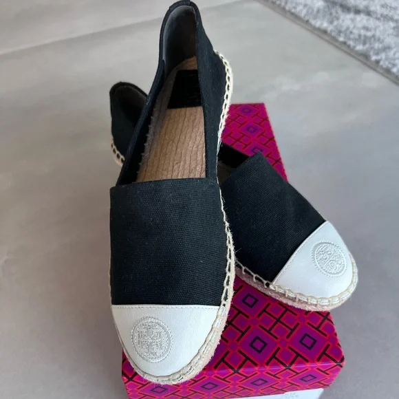 Tory Burch espadrilles black canvas slipon leather cap toe 7 slides miller Reva - Picture 2 of 6